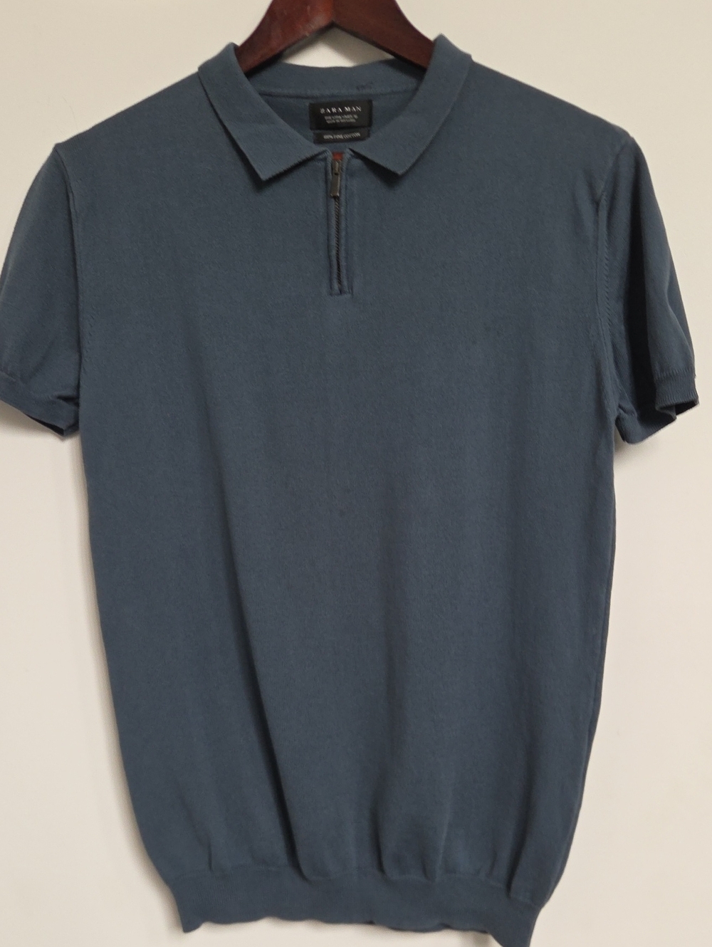 Zara Men's Slate Blue Short-Sleeve Zip Polo Size Small